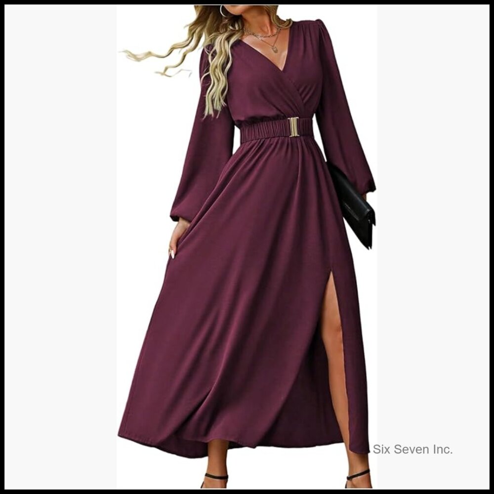 Polyester Formal Long Sleeve Wrap Dress With Split And Ruffle